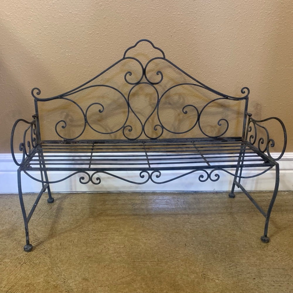Antique Wrought Iron Small Ornate Garden Bench Vintage Victorian 20” x 25”